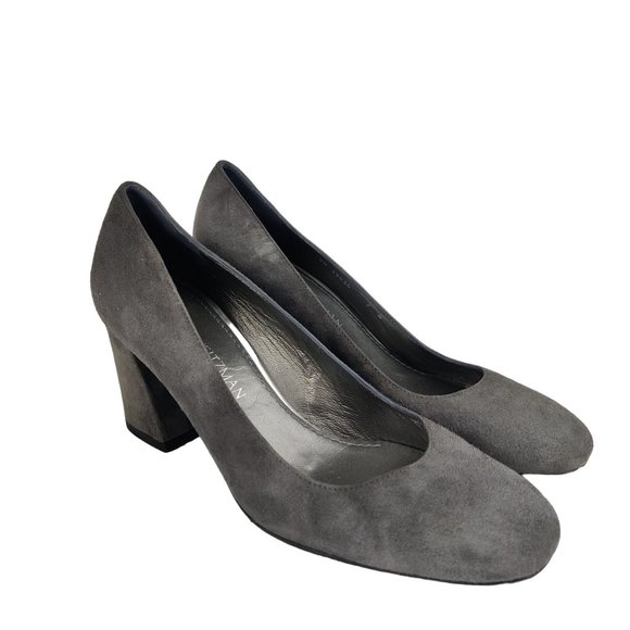 Stuart Weitzman Slate Gray Suede Leather Pump Block Heels - Picture 2 of 14